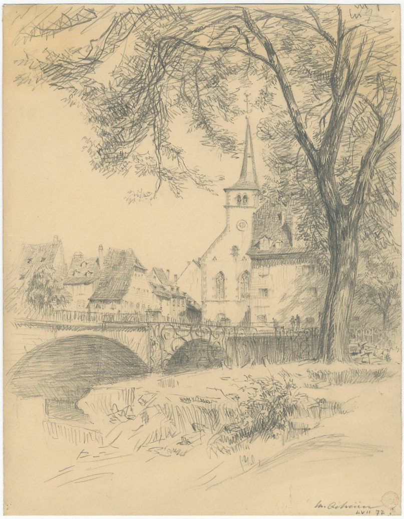 VUE DE STRASBOURG : EGLISE ET PONT SAINT-GUILLAUME